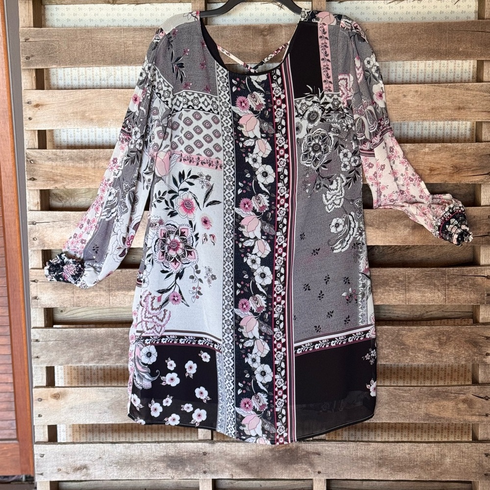 Maurices Floral Patchwork Long Sleeve Dress - Black, Pink, Gray